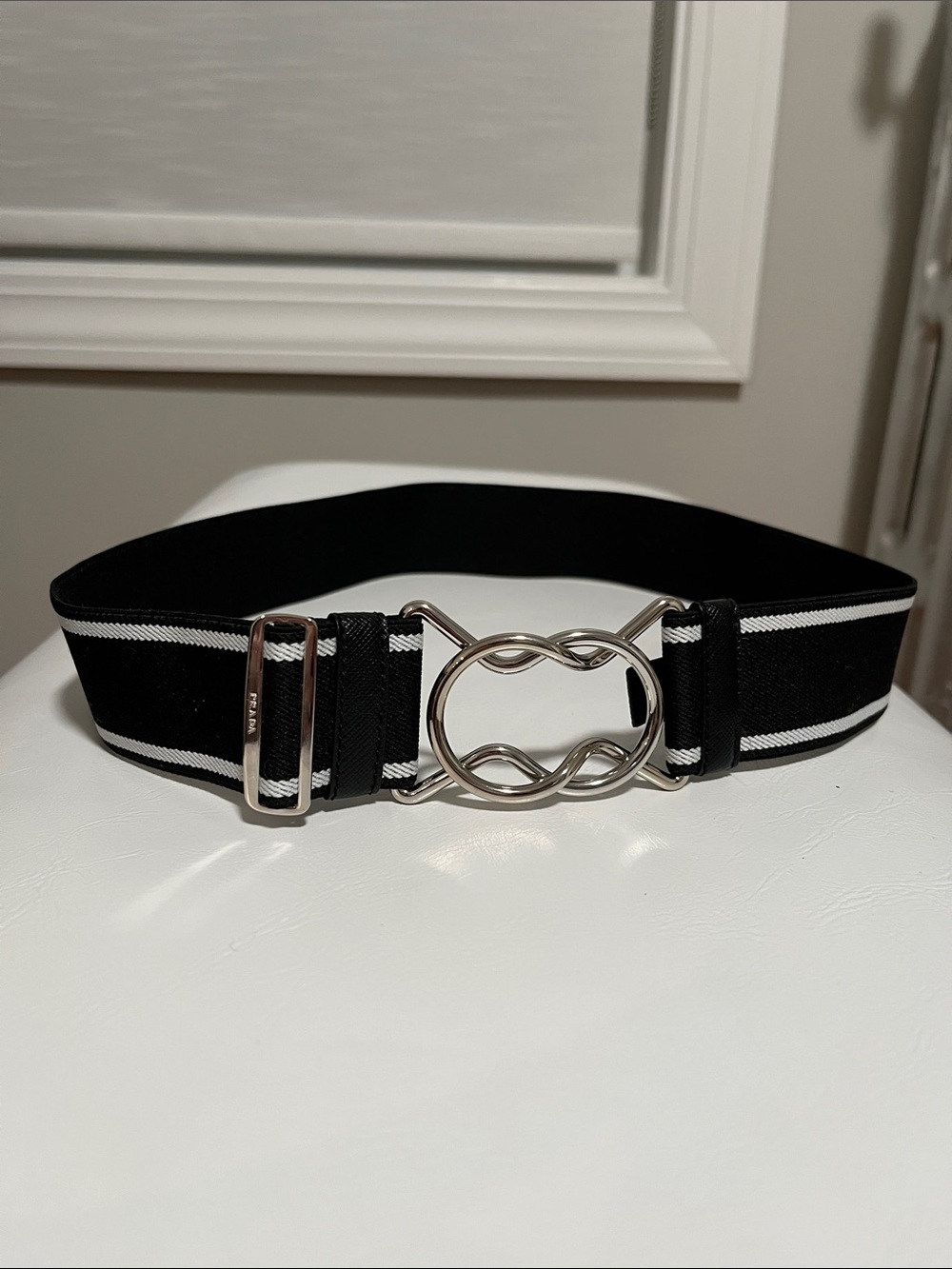 PRADA Black Elastic Belt with Silver Interlocking Buckle